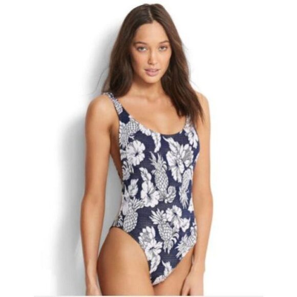 NWT Seafolly blue, white & black tropical floral print one piece swimsuit, 6 - Picture 10 of 16